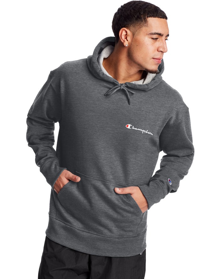 Champion Mens Hoodie NZ - Powerblend Fleece Script Logo Dark Grey ( 0217-JDSOU )